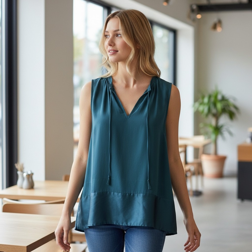 Madewell Womens Teal Blue 100% Silk Sleeveless Tassel Blouse Top Size Small NWT